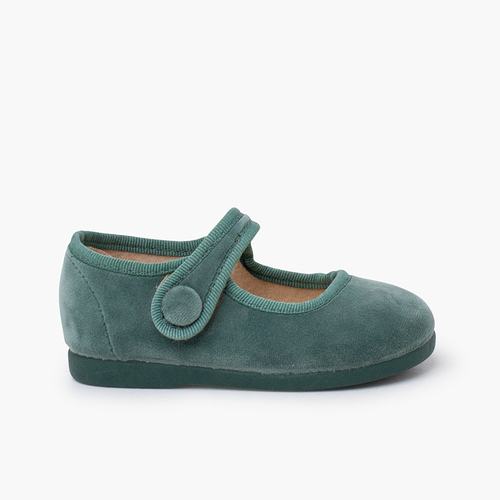 Velvet Mary Janes Klettverschluss Knopf Wassergrün
