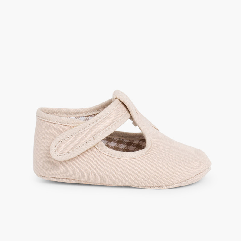 Klassische Babyschuhe aus Stoff mit Klettverschluss Sand