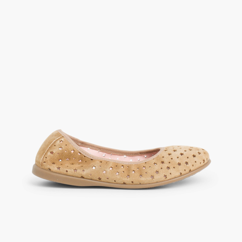 Ballerina mit Sternen aus elastischem Veloursleder Beige