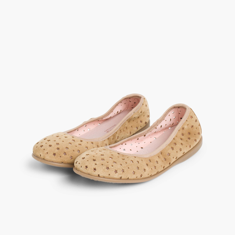 Ballerina mit Sternen aus elastischem Veloursleder Beige