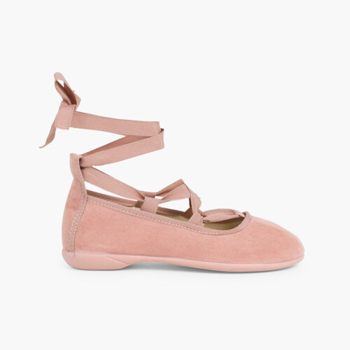 Ballerinas mit Wildleder-Effekt und Bändern Zartrosa