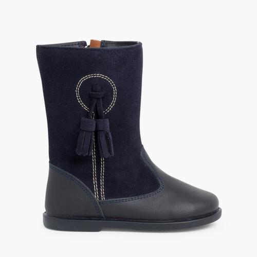 Quastenstiefel aus Leder und Veloursleder für Mädchen Marineblau