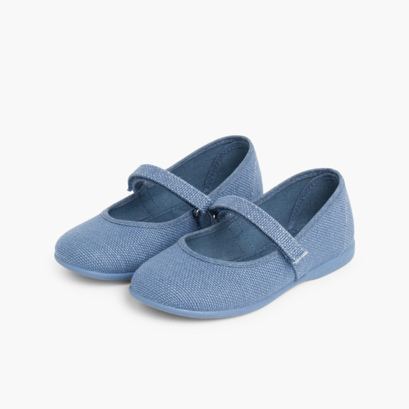 Mädchen Schuhe mit Riemchen aus Leinen mit Klettverschluss fein Französisch Blau