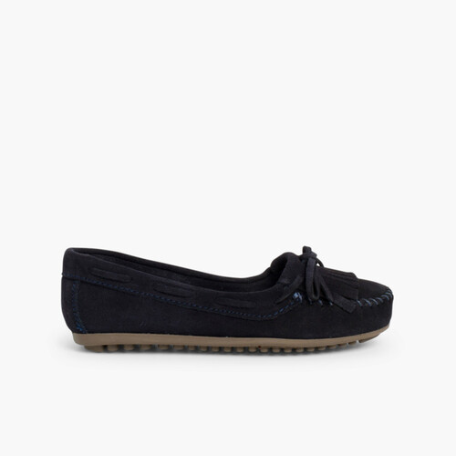 Damen- und Damen-Mokassins aus Veloursleder mit Fransen Marineblau