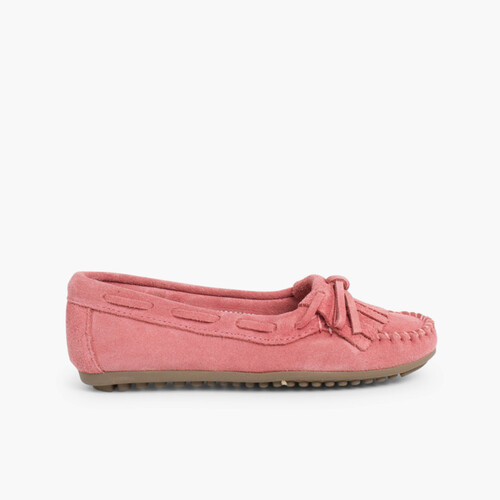 Damen- und Damen-Mokassins aus Veloursleder mit Fransen Rosa