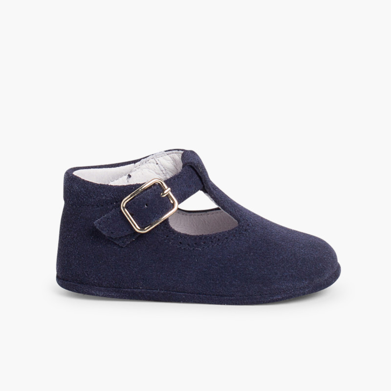 Klassische Babyschuhe Baby aus Wildleder mit Schnalle Marineblau