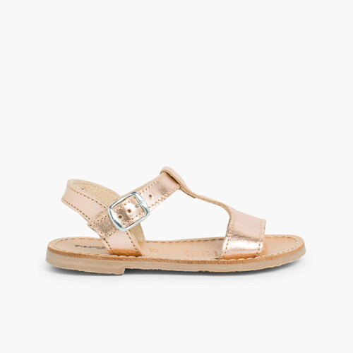 Sandalen für Mädchen, glattes metallisiertes Leder Bronze