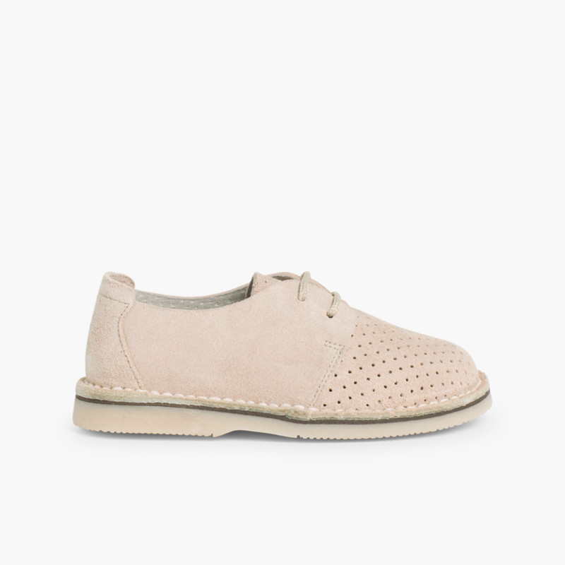 Blucher Velourslederschuh mit Hacken Beige