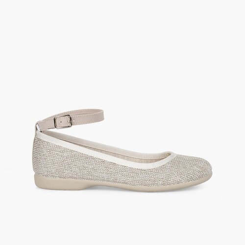 Ballerinas mit Riemchenverschluss aus glänzendem Stoff Beige