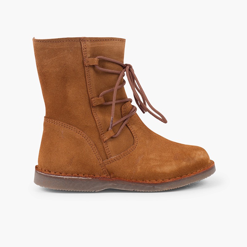 Stiefel für Mädchen mit Lammfellfutter Kreuzschnürung und Reißverschluss Kamel