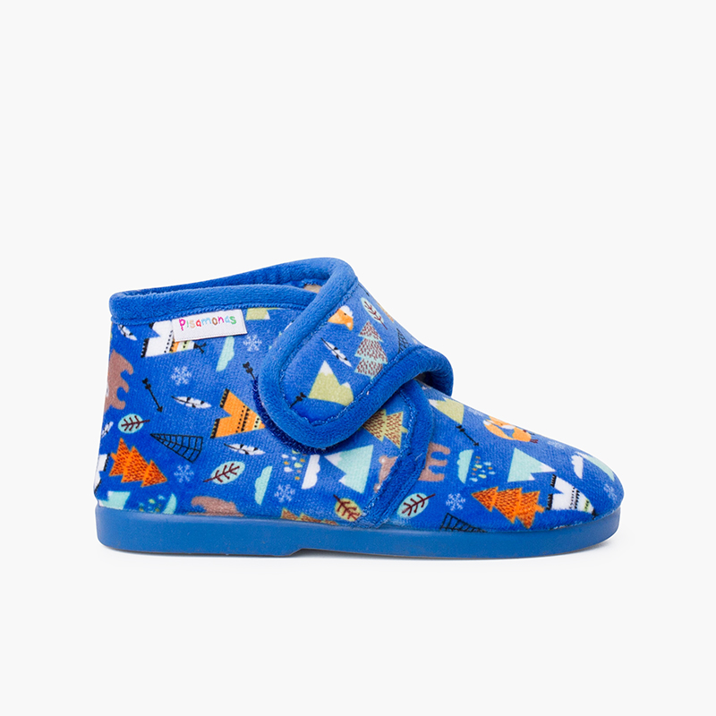 Hausschuhe mit Haftbandverschluss und Druckmotiven Waldblau