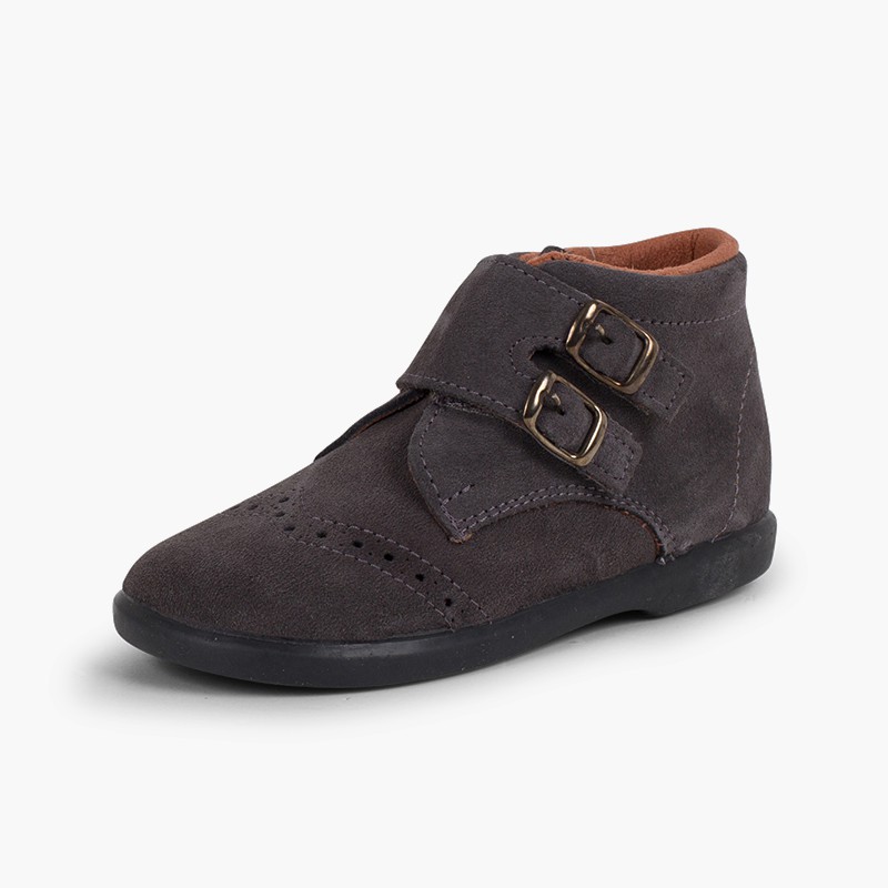 Baby Stiefel aus Wildleder mit Klettverschluss und Schnallenapplikation Grau