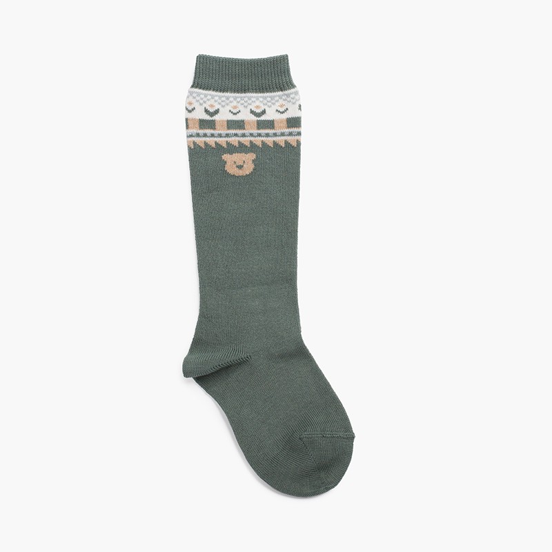 Fantasy Tall Socken mit Teddybär für Kinder Moosgrün