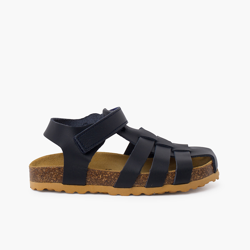 Kinder-Strandsandalen aus Leder mit Bio-Sohle Marineblau
