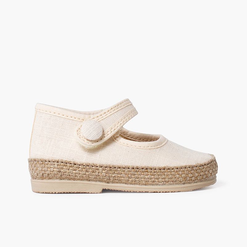 Baby-Mary-Janes aus Leinen und Jute mit Knopfdetail