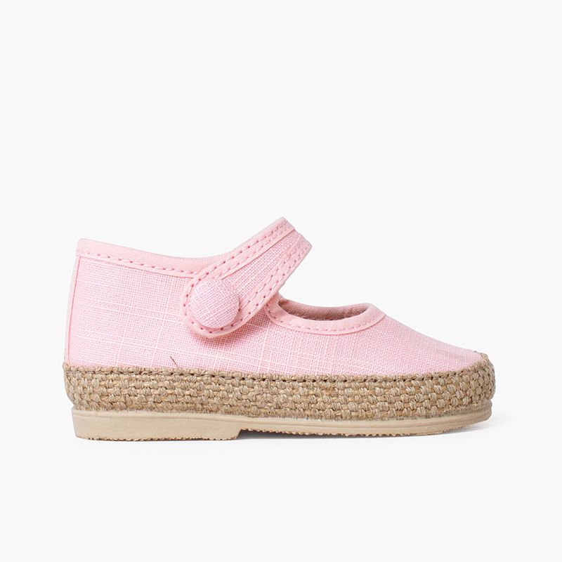 Baby-Mary-Janes aus Leinen und Jute mit Knopfdetail