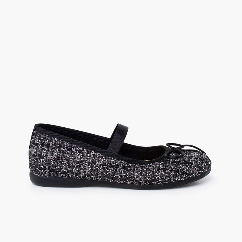 Tweed-Mary Janes Gummiband Glanzeffekt