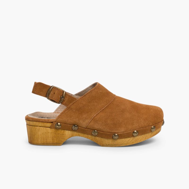 Holzschuhe aus Veloursleder, Holzsohle