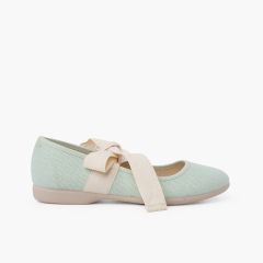 Mary Janes aus Leinen mit naturfarbener Schleife Minze