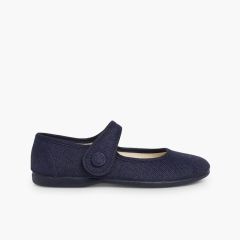 Riemchenballerinas aus Leinen mit Knopf und Klettverschluss Marineblau