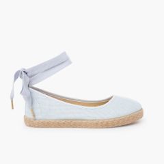 Ballerinas aus Leinen für Mädchen mit Bändern und Jute Himmelblau