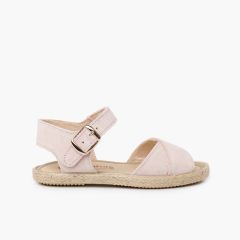 Wildleder-Sandalen mit gekreuzten Riemen und Jutesohle Rosa