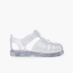 Krabbensandalen Glitter-Unicorn-Design Haftbandverschluss Weiß