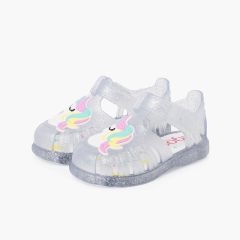 Krabbensandalen Glitter-Unicorn-Design Haftbandverschluss Weiß