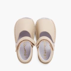 Ledermenorquinische Avarques für Babys mit Haftbandverschluss Beige