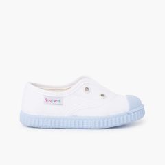 Weiße Sneakers ohne Schnürsenkel mit bunter Sohle Blau