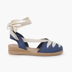 Leinen-Espadrilles im Goyesca-Stil mit Rohband und Keilabsatz Französisch Blau