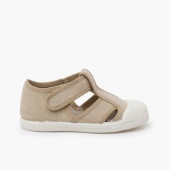 Kindersandalen aus Öko-Leinwand mit Gummispitze Beige