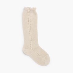 Hohe Perlé-Socken mit seitlichem Lochmuster Leinen