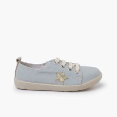Leinen-Sneakers mit Sternenmuster Blau und Goldbraun