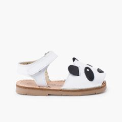 Nappaleder-Menorquinas mit Tiermotiven und Klettverschlussriemen Panda