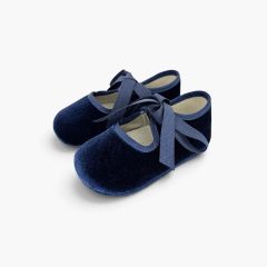 Samtmary Janes für Babys mit Satinschleife Marineblau