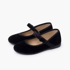 Mary Janes für Mädchen aus Samt mit Glanz und Knopf Schwarz