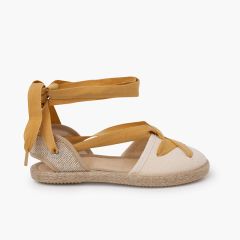 Runde Zehen-Espadrilles mit gekreuzten Bändern Senf