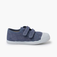 Weiche Eco-Leinwand-Turnschuhe mit Klettverschlussbändern Jeansblau