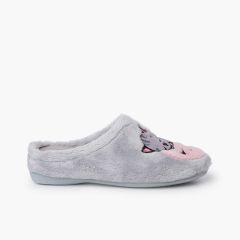 Hausschuhe im Clog-Stil mit Katze und Mond-Motiv Grau