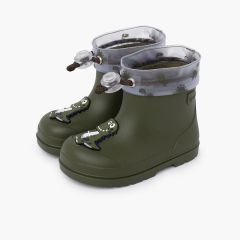 Barfuß-Regenstiefeletten mit verstellbarem Dinosaurier Khaki