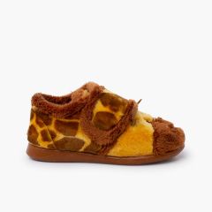 Hausschuhe mit weichem Fell im Giraffe Braun und Gelb