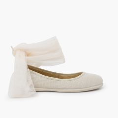 Leinen-Ballerinas Knöchelriemchen Tüllschleife Roh