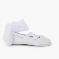 Leinen-Ballerinas gekreuzten Tüllbändern Weiß