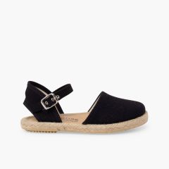 Leinen-Espadrilles flacher Sohle Schnalle Schwarz