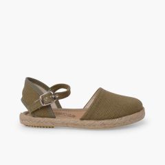 Leinen-Espadrilles flacher Sohle Schnalle Olivgrün