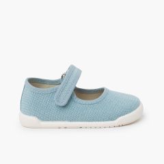 Barefoot-Mary-Janes rustikalem Canvas Klettverschluss Türkis