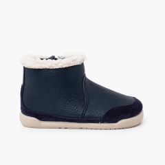 Barefoot-Stiefel Kunstleder Lammfellkragen Marineblau