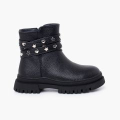 Mädchenstiefel Riemen mit Nieten Schwarz