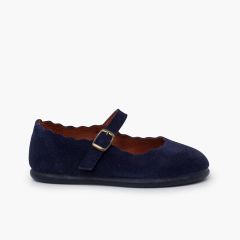 Mary Janes Veloursleder Wellenrand Schnalle Marineblau